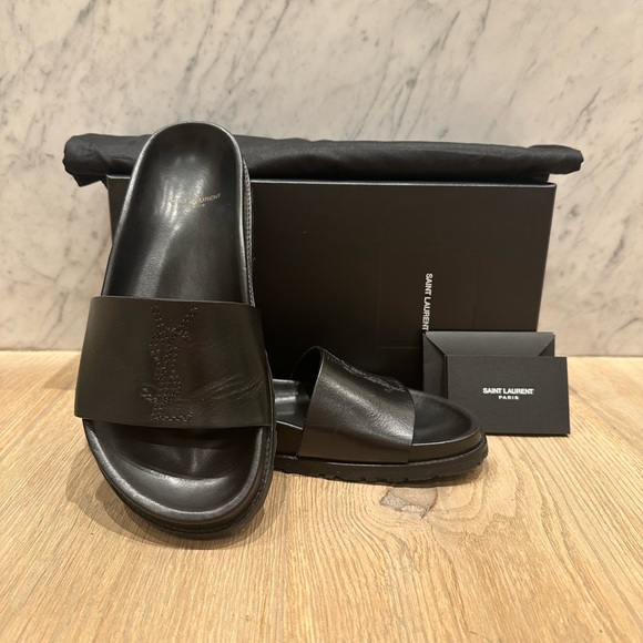 Saint Laurent Maine Liscio Black Leather Slide Sandals - Picture 1 of 12